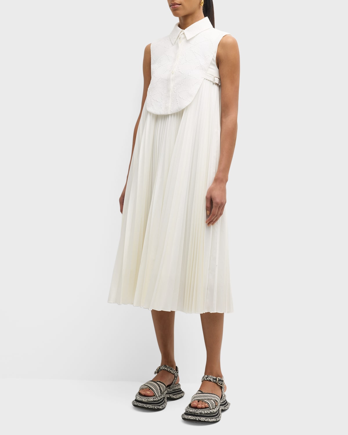 Adeam Misty Pleated Midi Shift Dress With Removable Bib In White
