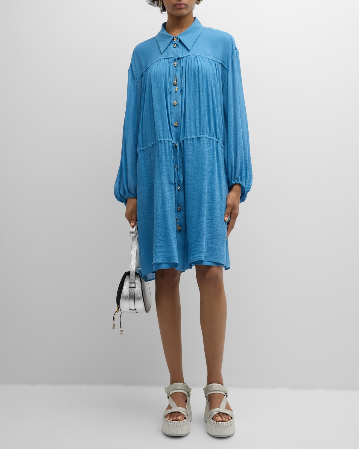 Shop Chloé X High Summer Silk Button-front Mini Dress With Tie Waist In Parisian Blue