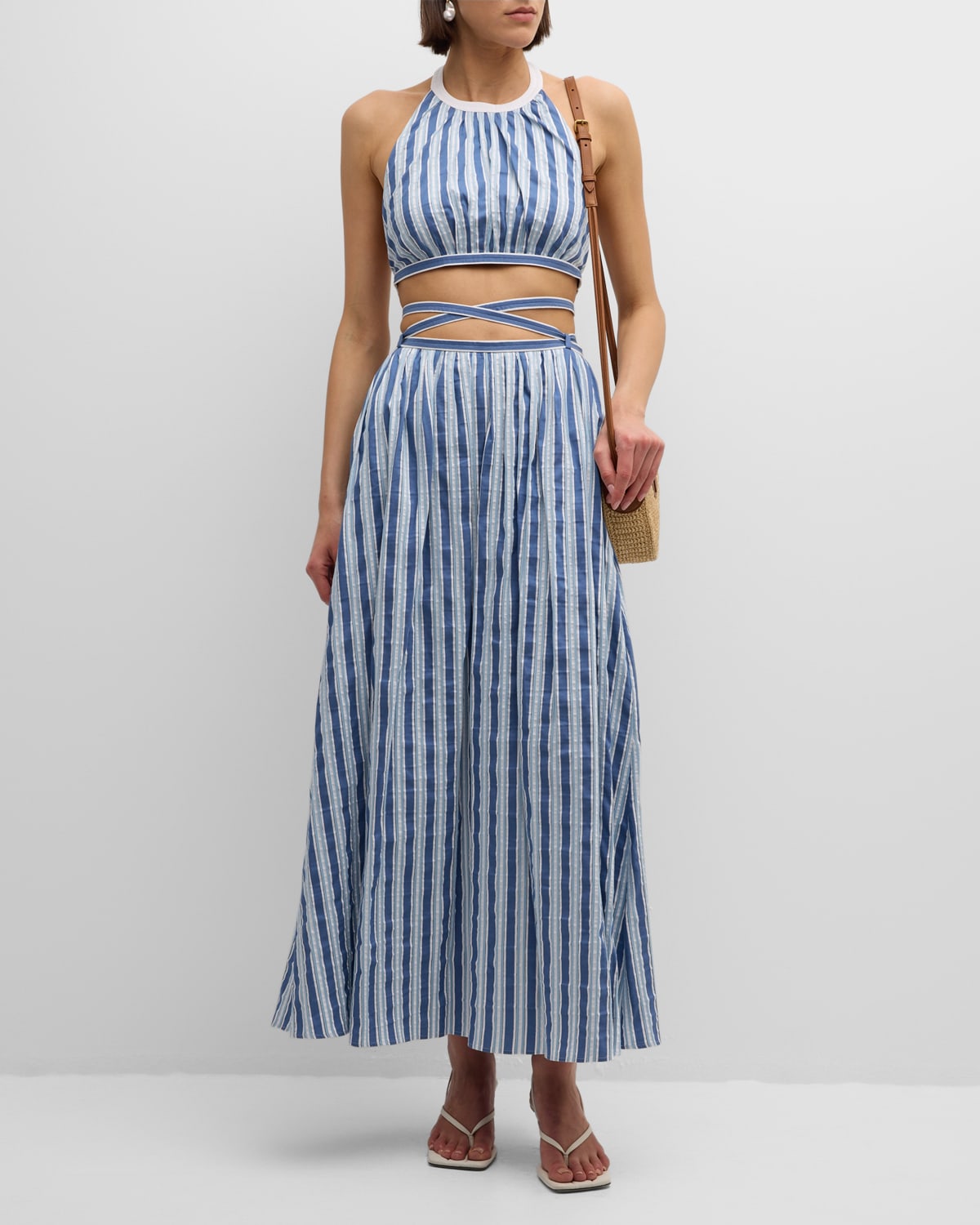 Shop Chloé X High Summer Striped Poplin Maxi Dress With Cutout Detail In Blue - White 1