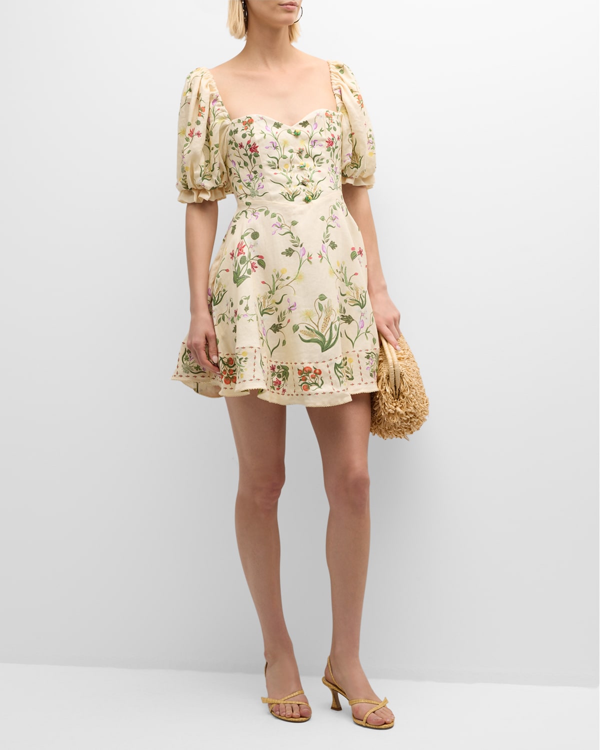 Shop Agua By Agua Bendita Vuelo Cultivo Puff-sleeve Floral Linen Mini Dress In Multi