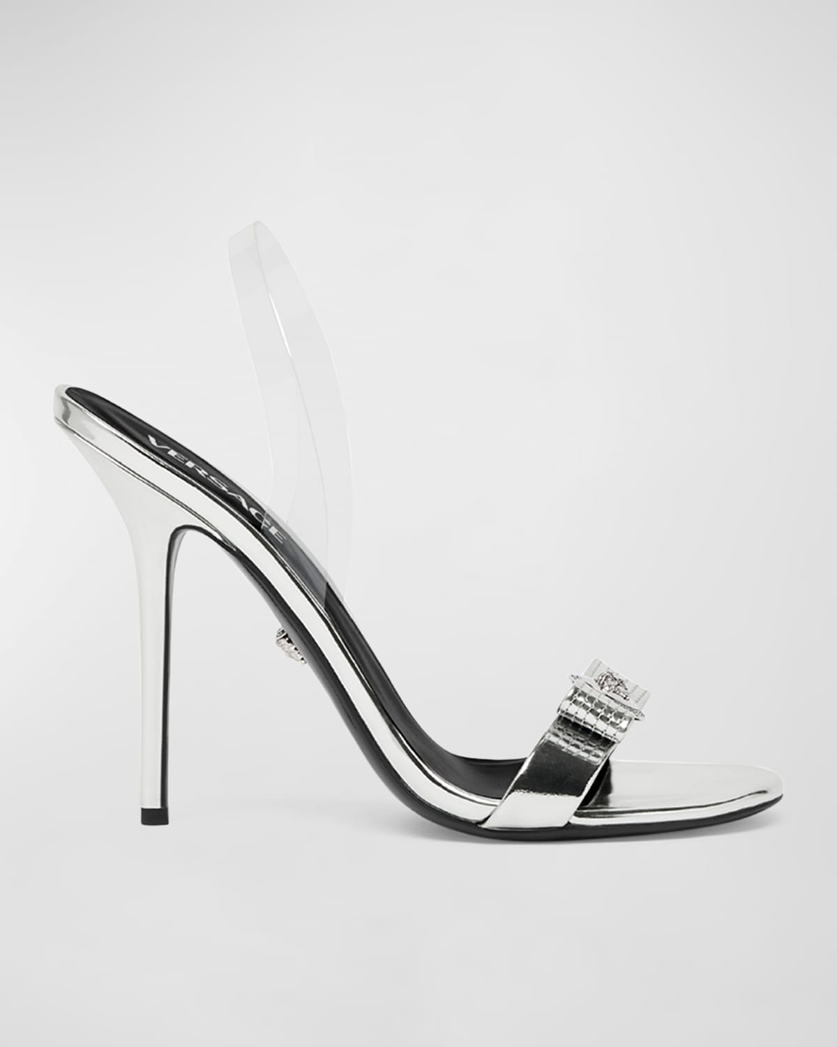 Shop Versace Gianni Ribbon Metallic Halter Sandals In 2t08p-trasparent  Silver-palladium