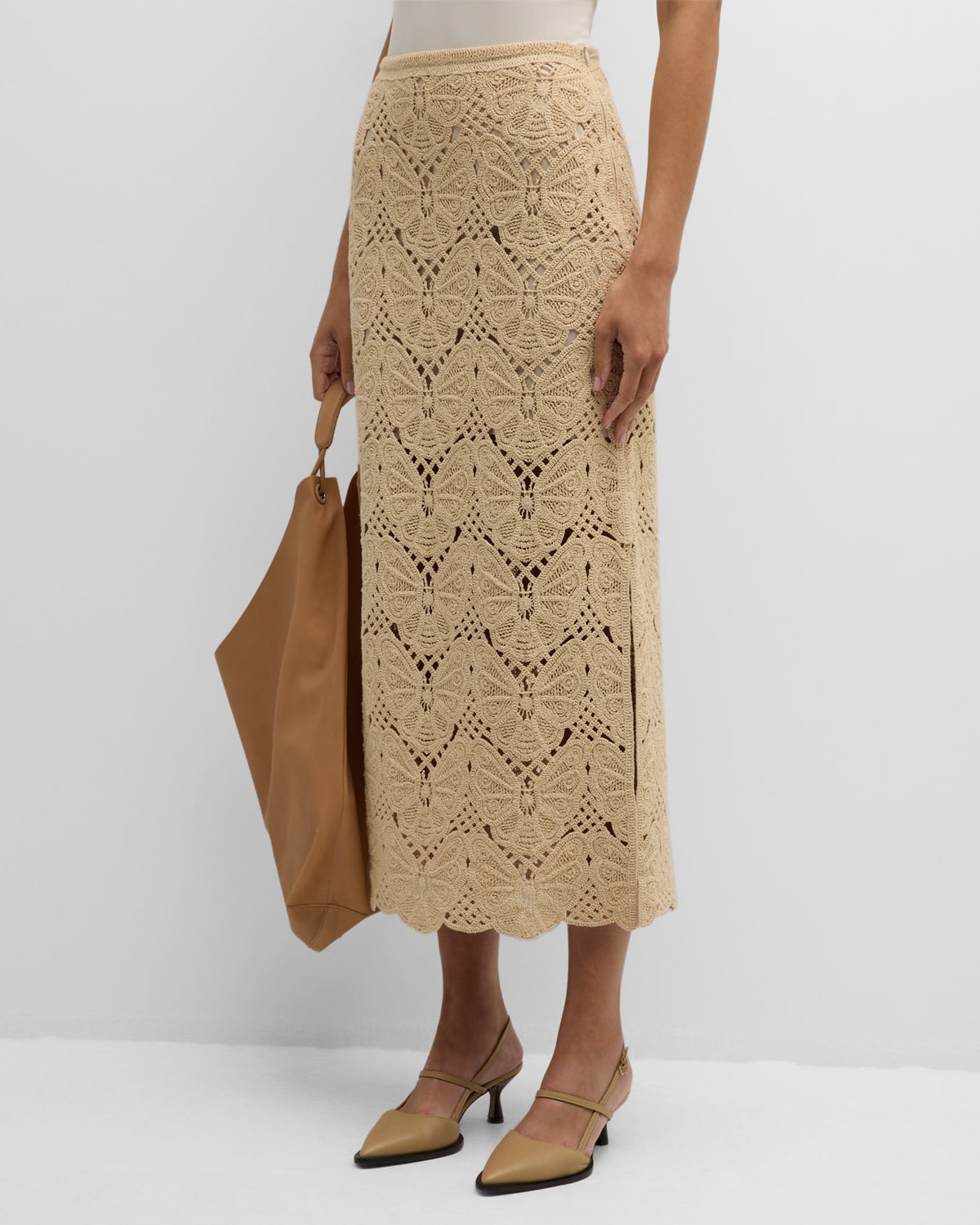Cantala Straight Side-Slit Crochet Midi Skirt