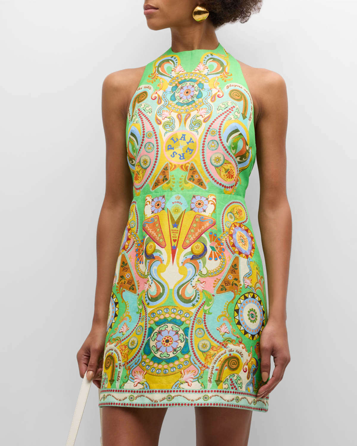 Alemais Pinball Backless Tie-neck Linen Silk Printed Mini Dress In Multi