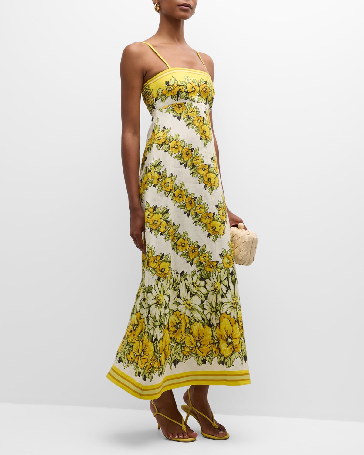 Shop Alemais Gisela Floral Linen Sleeveless Midi Dress In Yellow