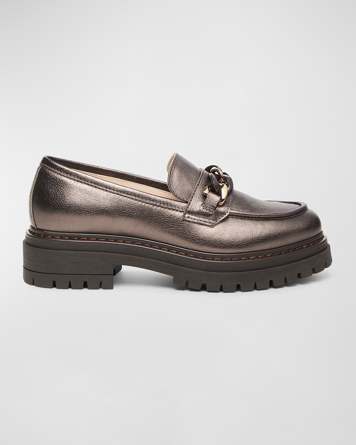 Metallic Leather Chain Lug-Sole Loafers