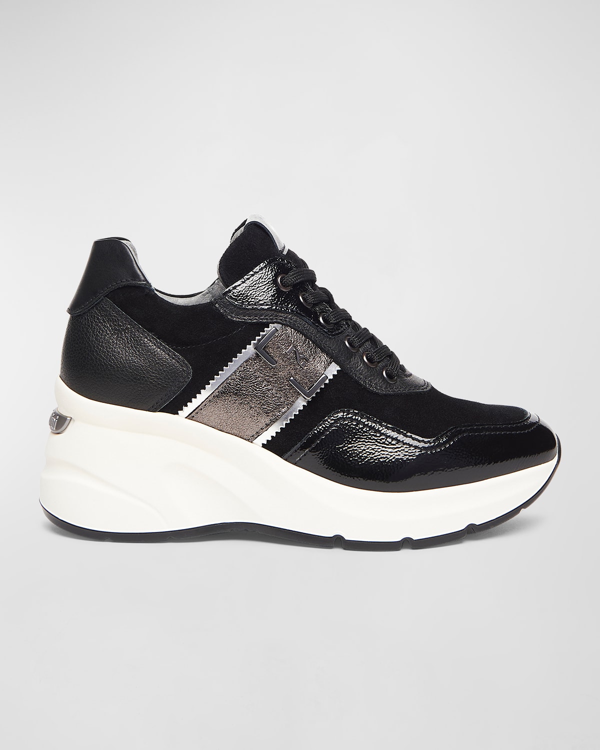 Shop Nerogiardini Mixed Leather Wedge Fashion Sneakers In Black