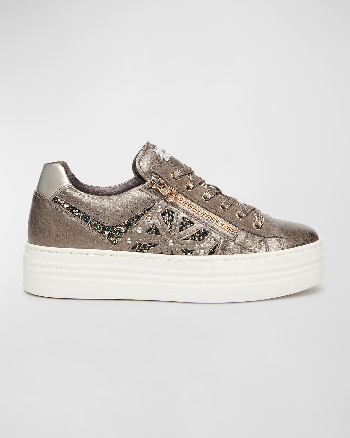 Shop Nerogiardini Metallic Zip Cutout Glitter Sneakers In Grey