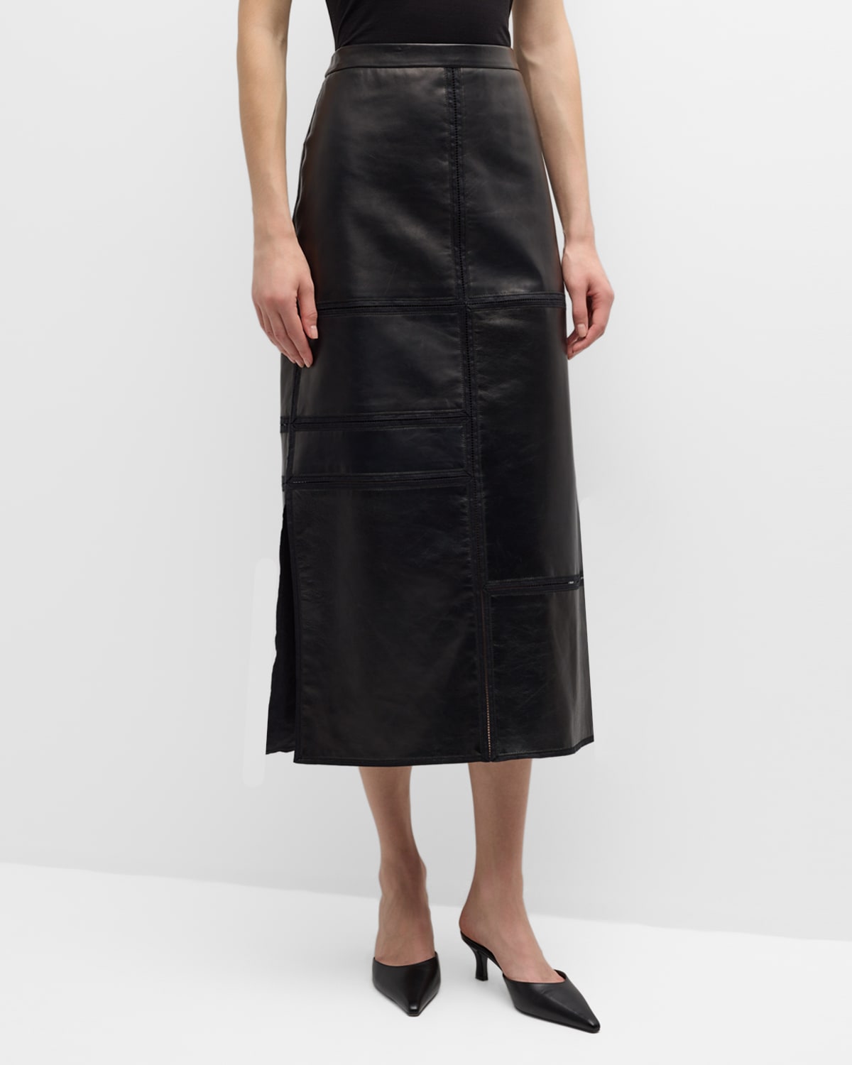 Block Panel Nappa Leather Midi Skirt
