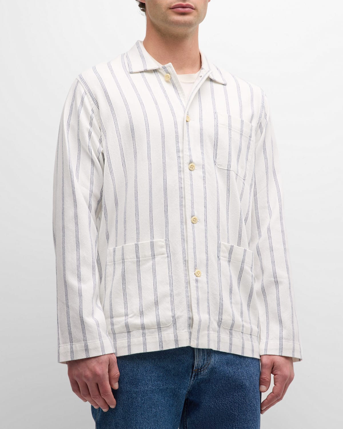 Shop Original Madras Trading Co. Men's No. 106 Stout Striped Overshirt In White Blue Stripe