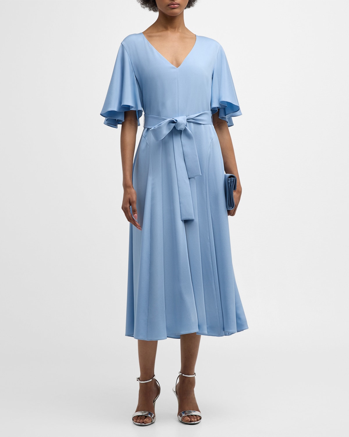 Flutter-Sleeve Stretch Georgette Midi Dress