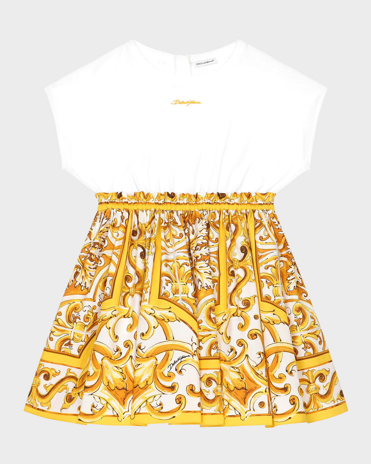 Dolce & Gabbana Kids' Girl's Logo-print Maiollica-print Combo Dress In White