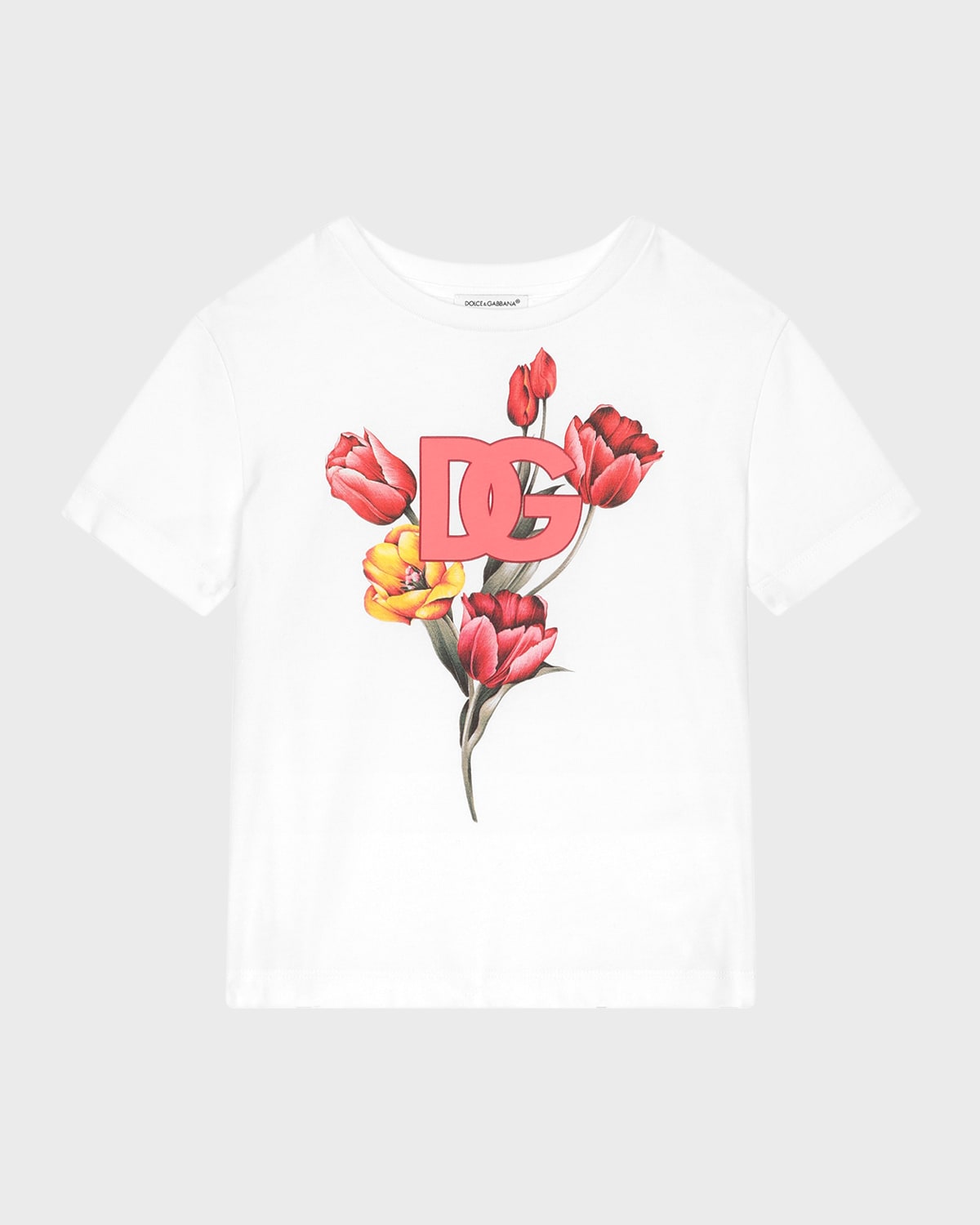 Dolce & Gabbana Girl's Logo-print Tulip Graphic T-shirt In White Print