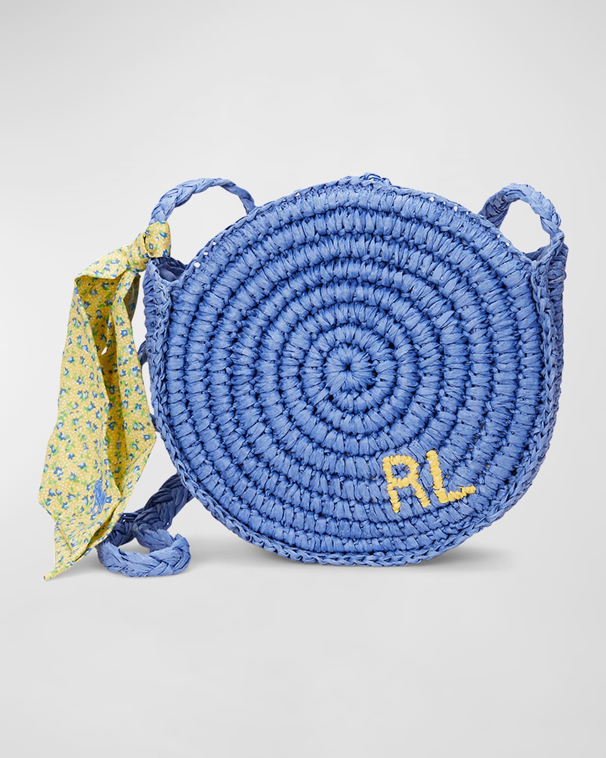 Shop Ralph Lauren Girl's Raffia Circular Embroidered Bag In Blue W Floral