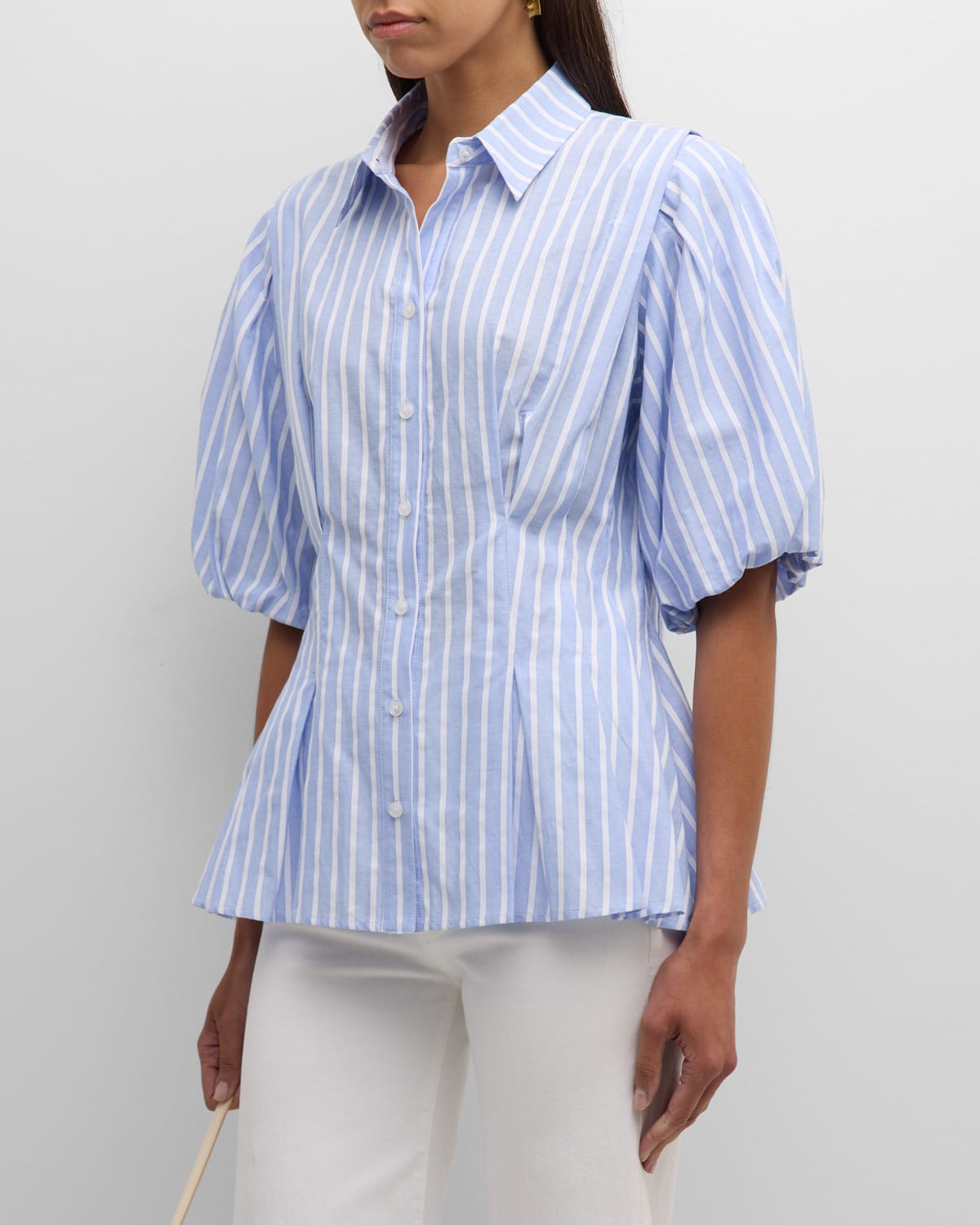 Shop Finley Julie Blouson-sleeve Striped Cotton Dobby Shirt In Blue White