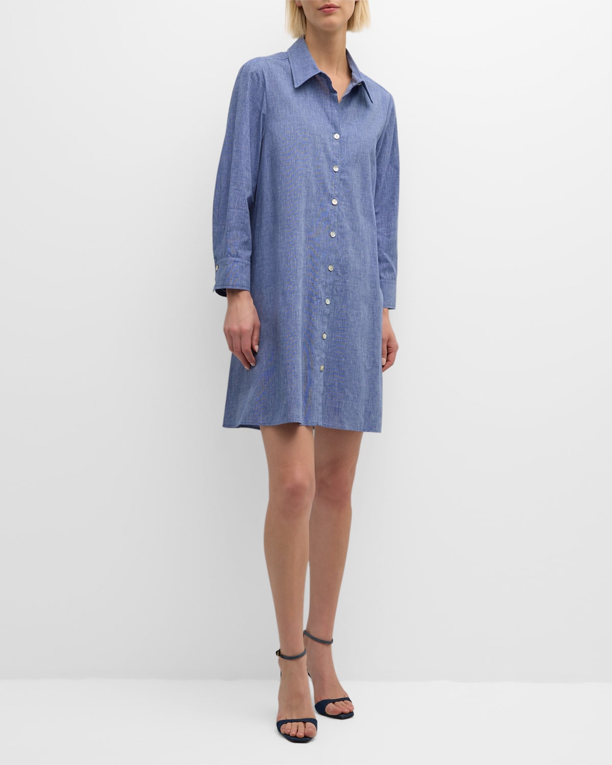 Shop Finley 3/4-sleeve Trapeze Oxford Shirtdress In Navy Oxford