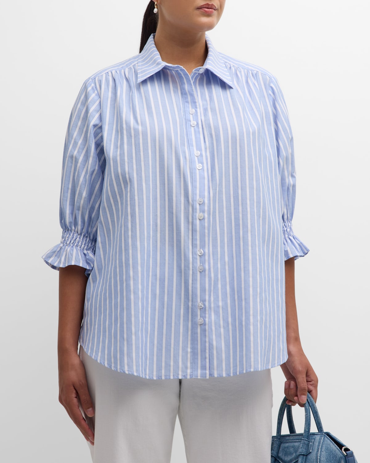 Shop Finley Plus Size Sirena Striped Cotton Shirt In Blue White