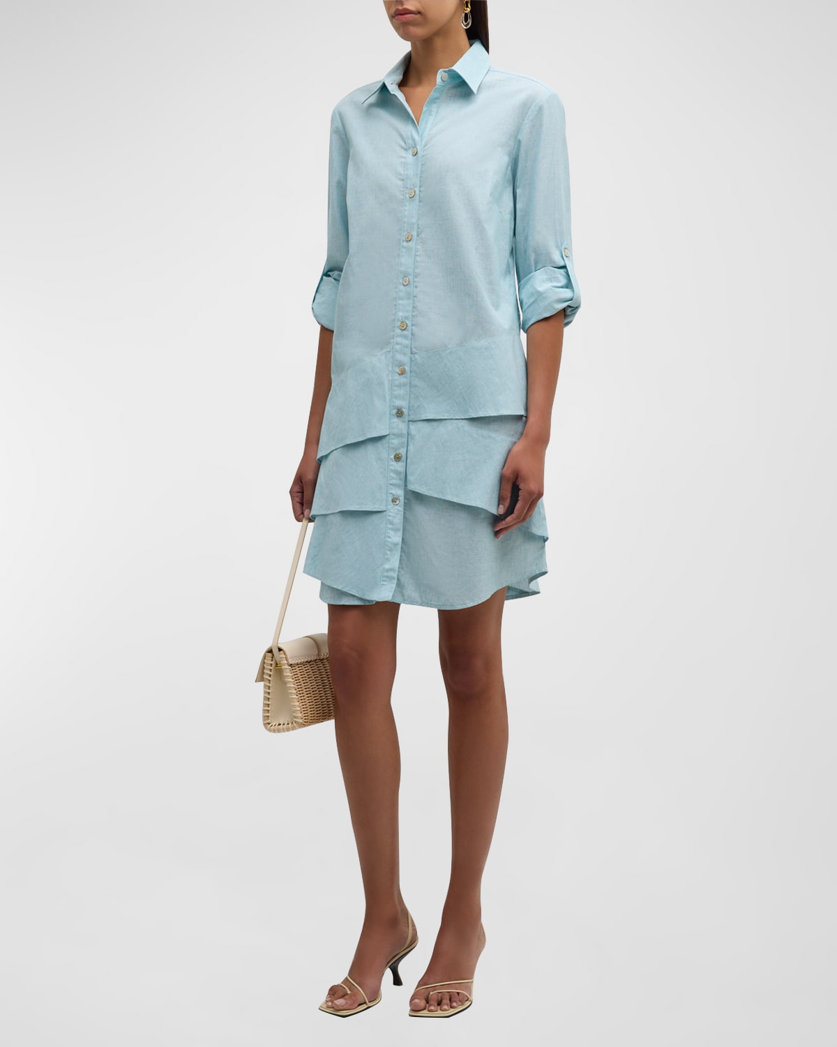Shop Finley Jenna Ruffle Cotton-linen Midi Shirtdress In Light Teal