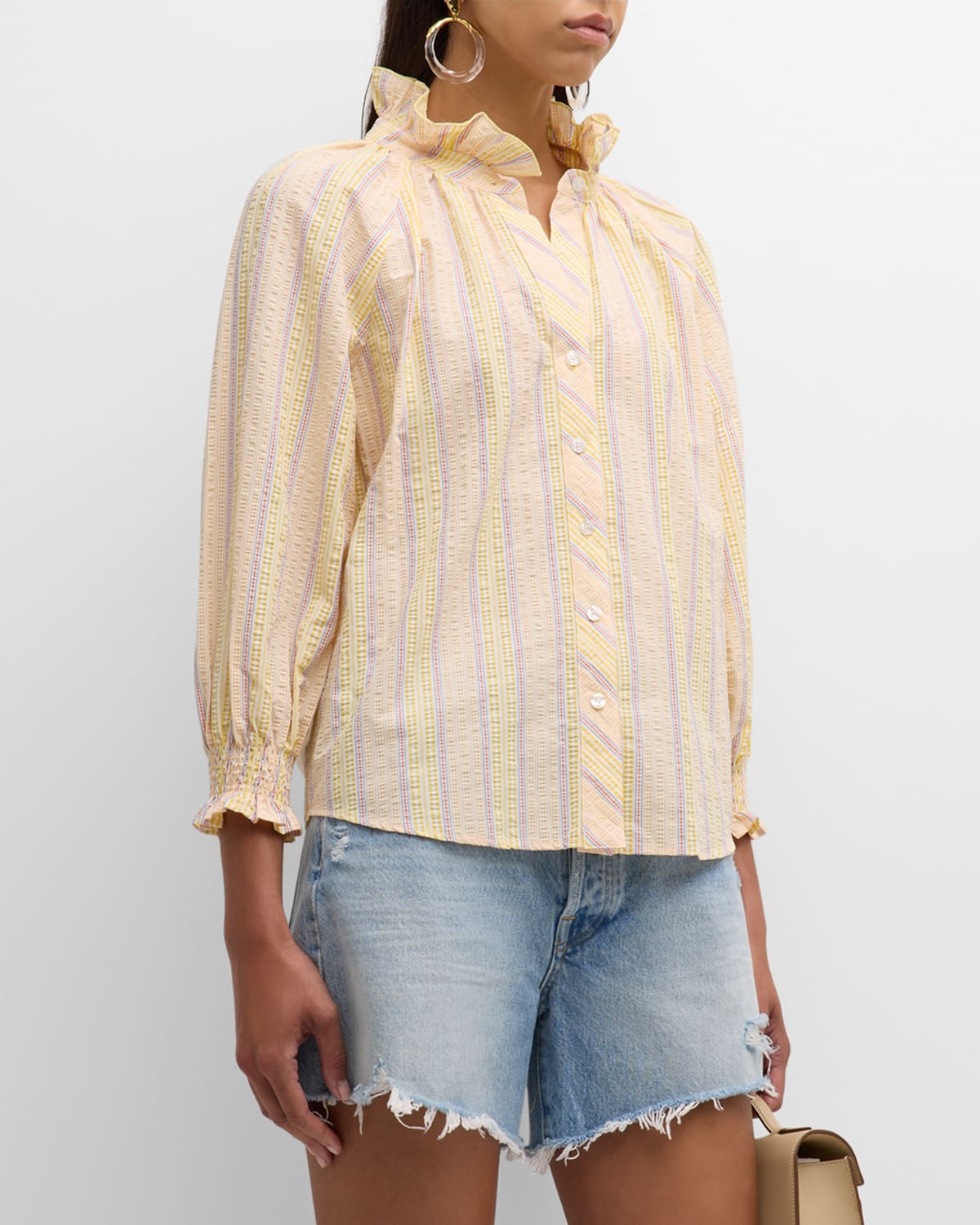 Shop Finley Fiona Striped Seersucker Cotton Shirt In Yellow Multi