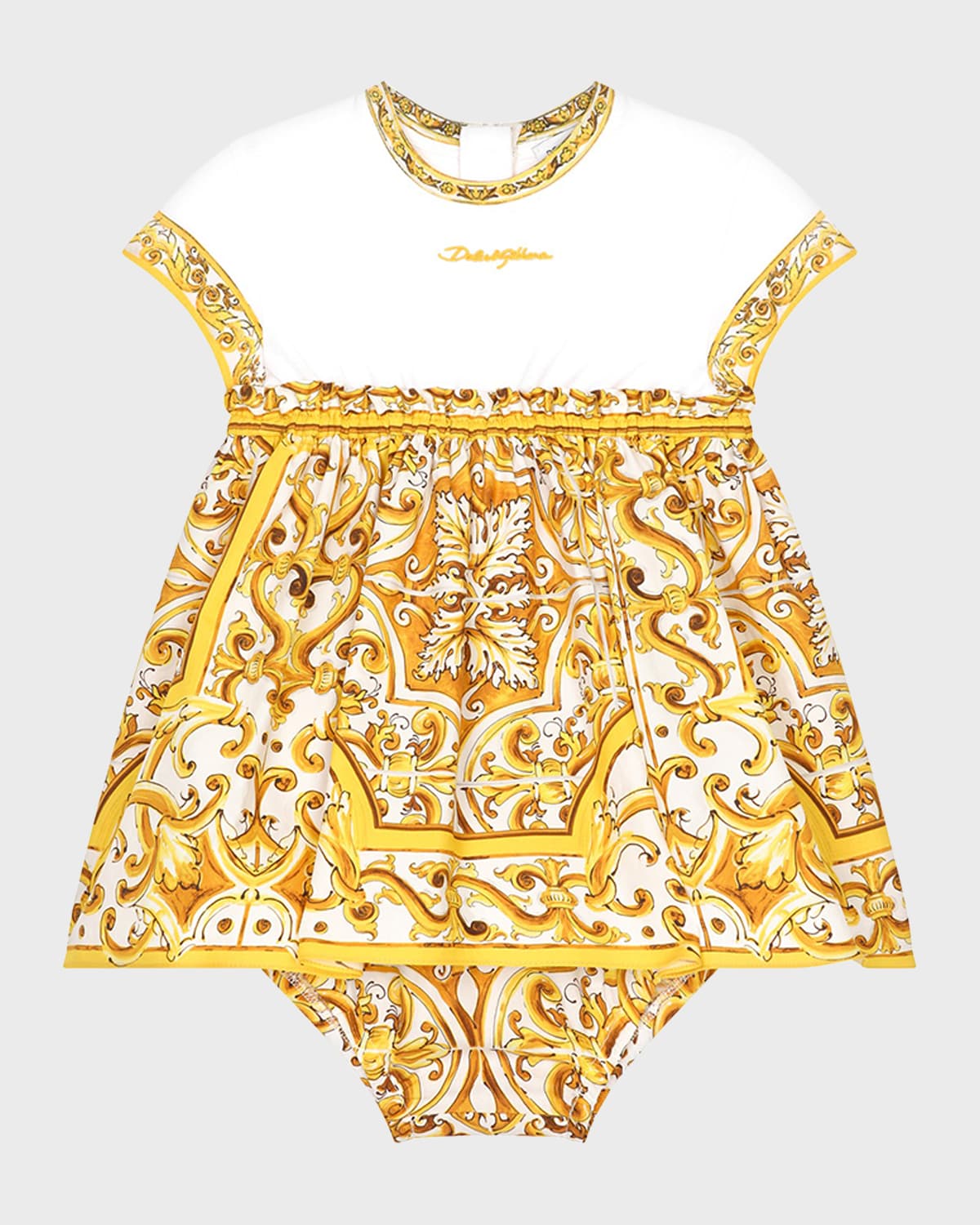 Dolce & Gabbana Girl's Logo-print Maiolica-print Combo Dress In White Print