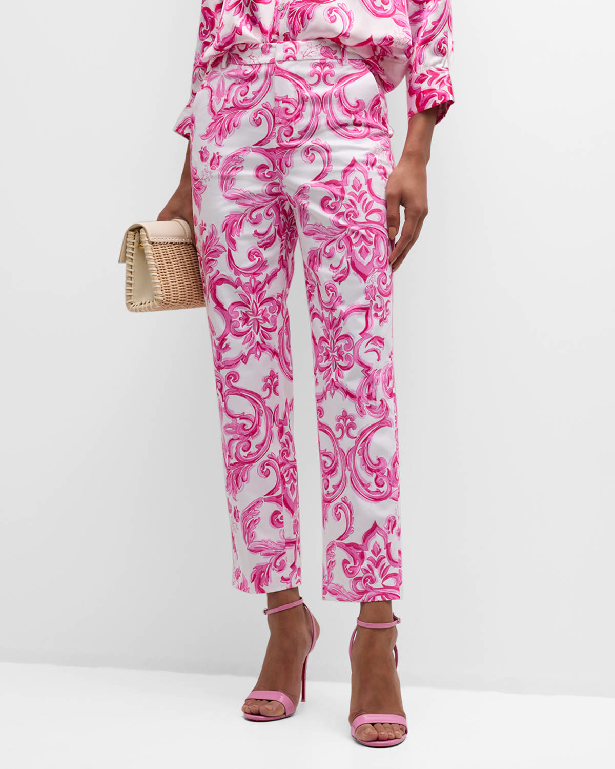Shop L Agence Mediterranean Tile Ludivine Straight-leg Trousers In White/pink  Mediterranean Tile
