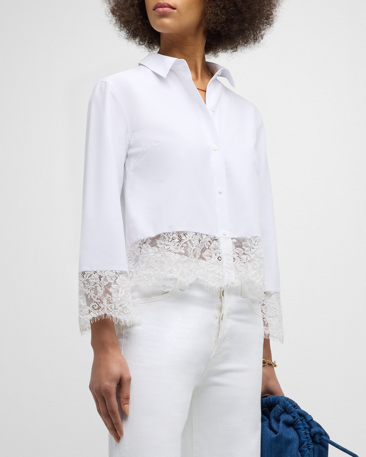 Shop L Agence Levo Lace-trim Cropped Shirt In White