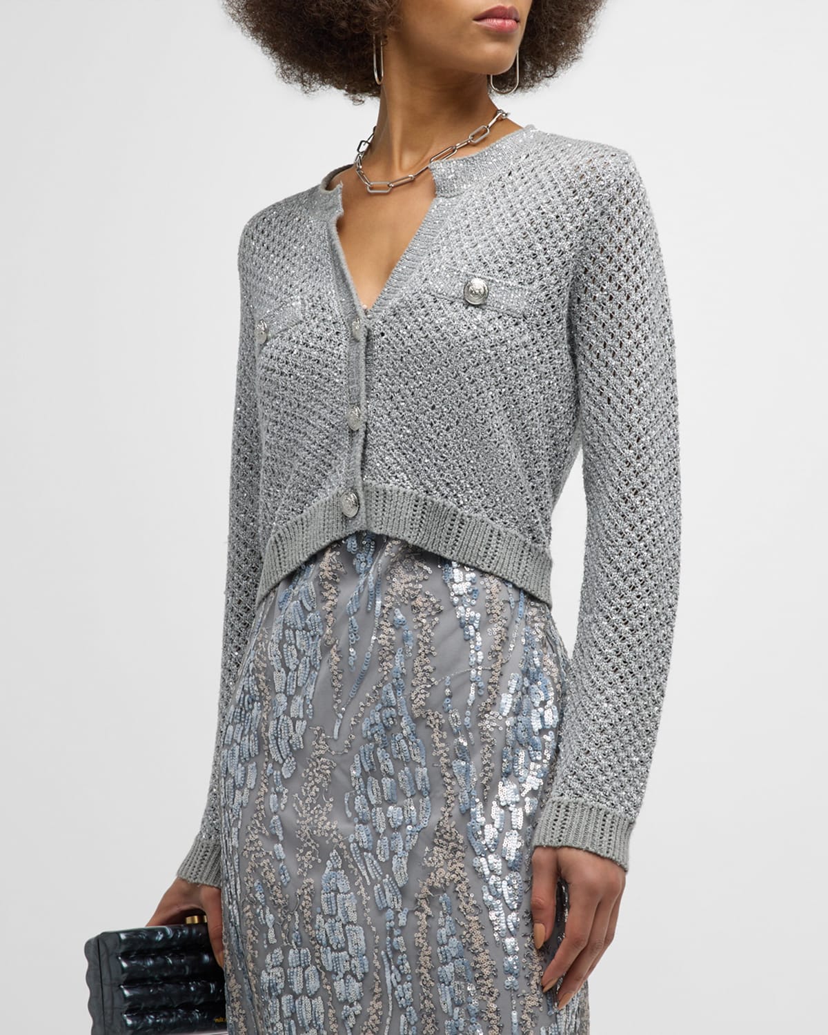 Shop L Agence Blanca Sequined Cropped Cardigan In Silver
