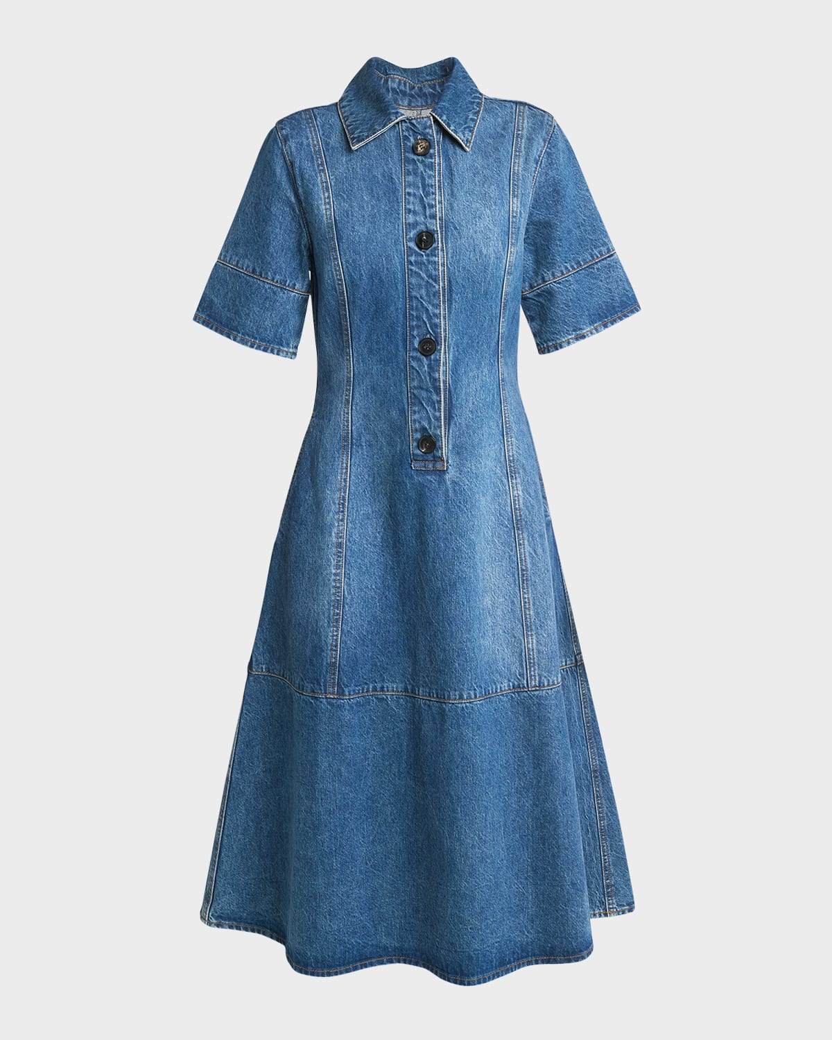 Shop Co Half-placket Short-sleeve Denim Mini Shirtdress In Indigo