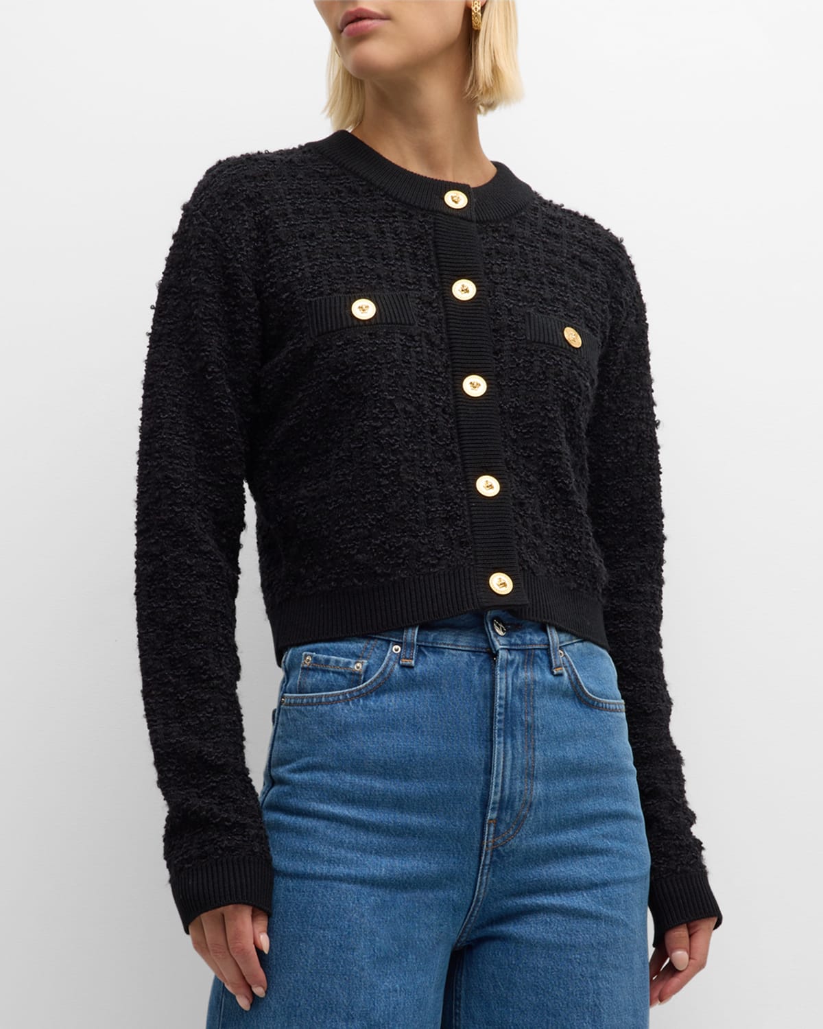 Shop Versace Tweed Knit Cardigan In Black