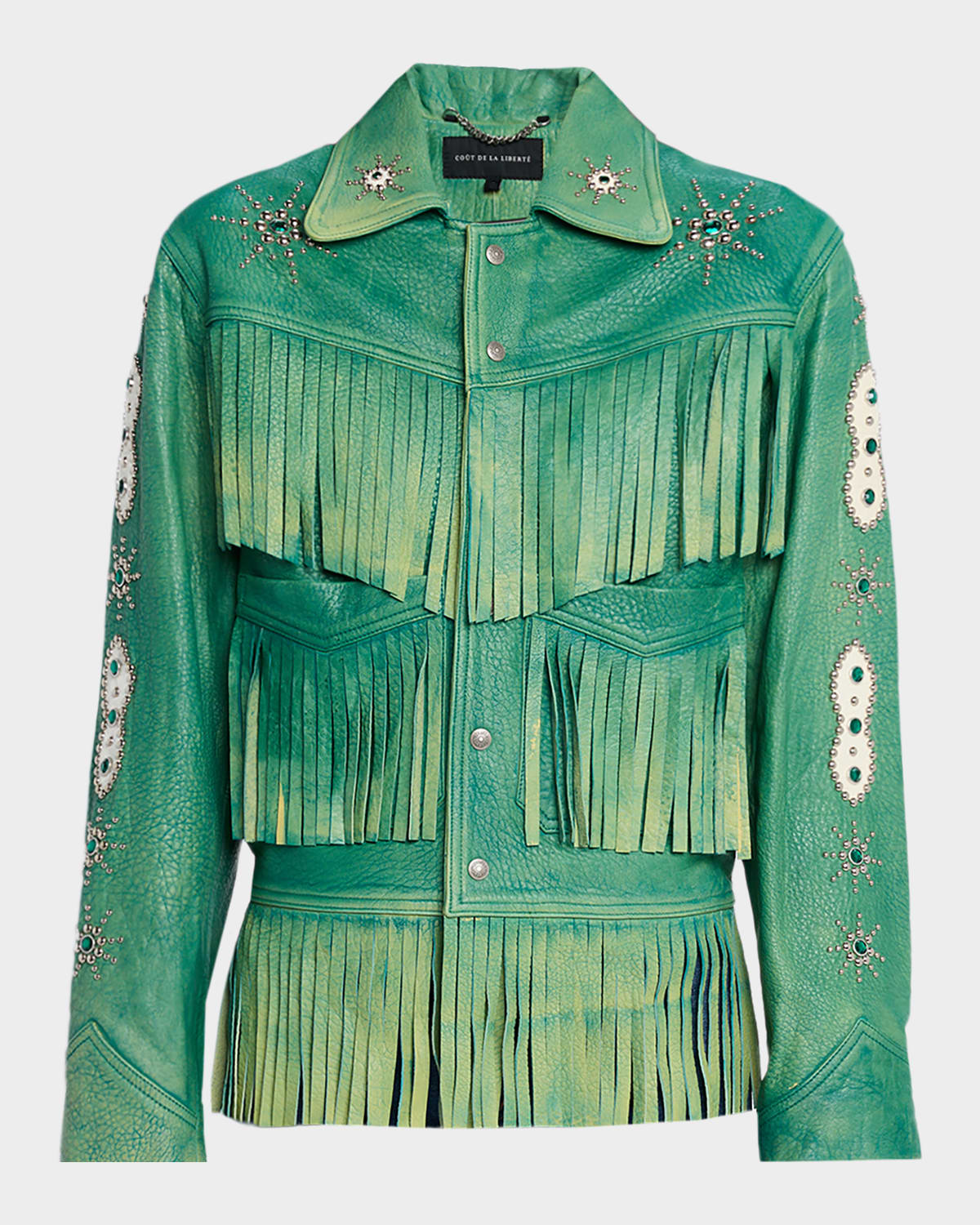 Cout De La Liberte Dolly Embellished Fringed Leather Jacket In Green