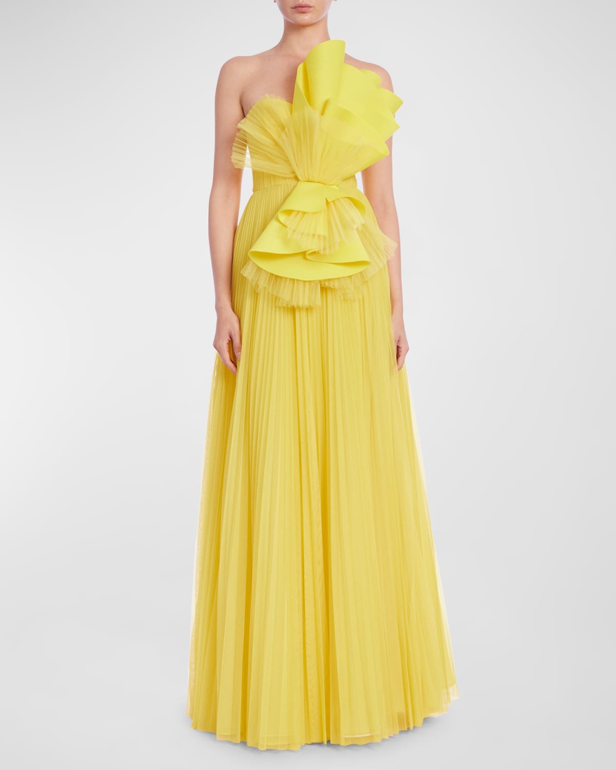 Shop Badgley Mischka Strapless Pleated Ruffle A-line Gown In Lemon