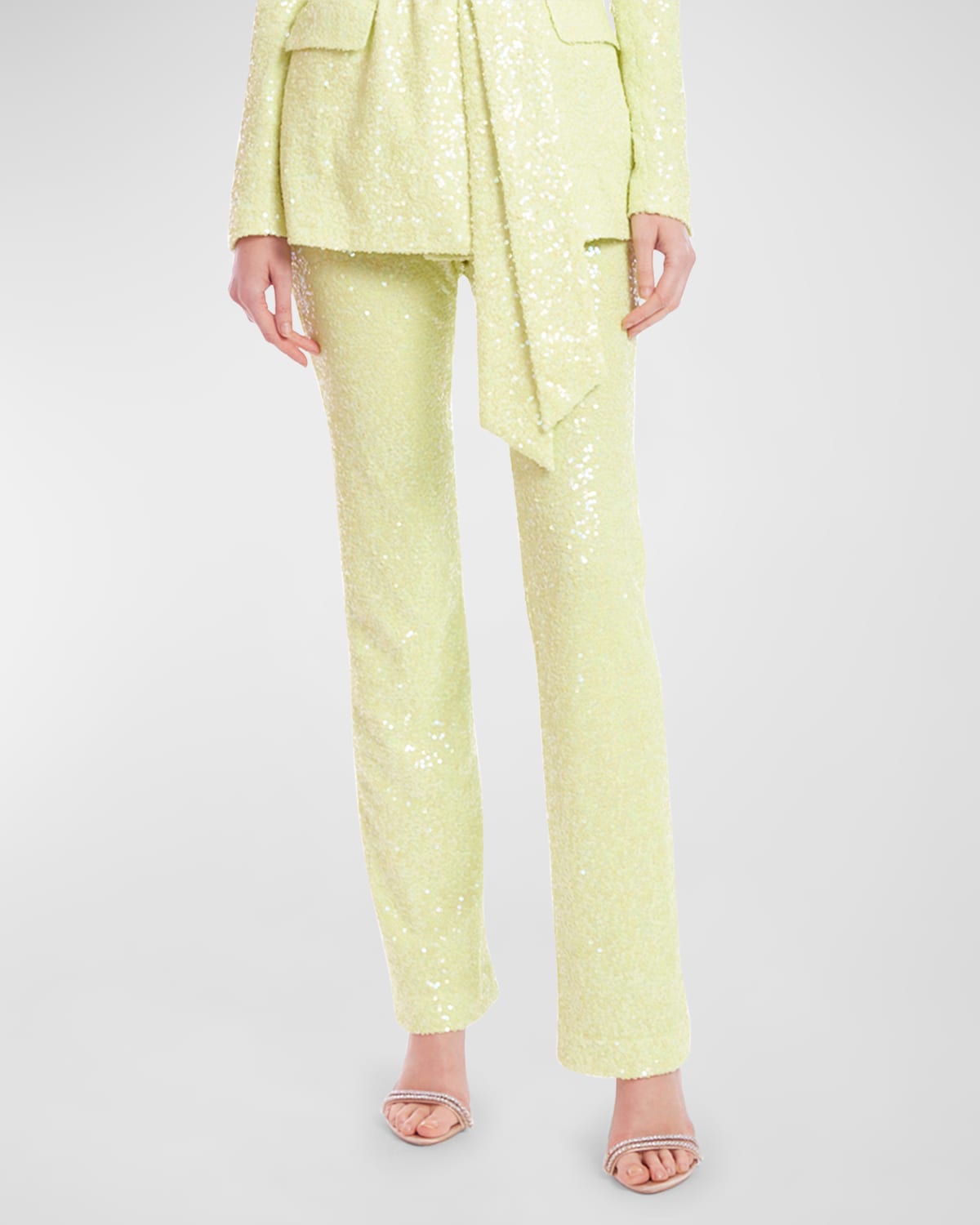 Shop Badgley Mischka High-rise Straight-leg Sequin Pants In Lime