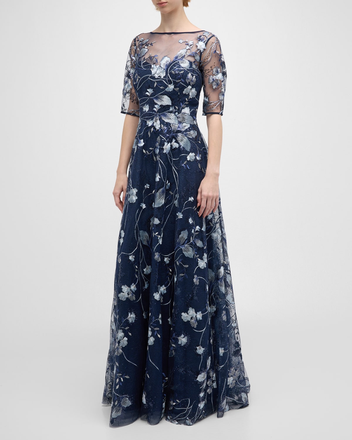 Shop Rickie Freeman For Teri Jon Metallic Embroidered Tulle Gown In Navy Silve