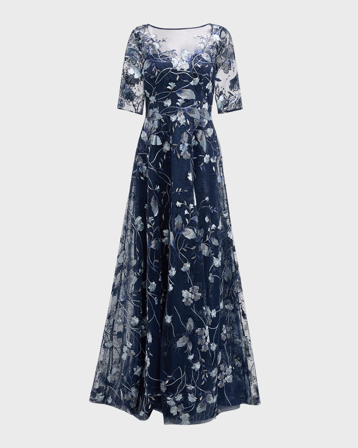 Shop Rickie Freeman For Teri Jon Metallic Embroidered Tulle Gown In Navy Silve