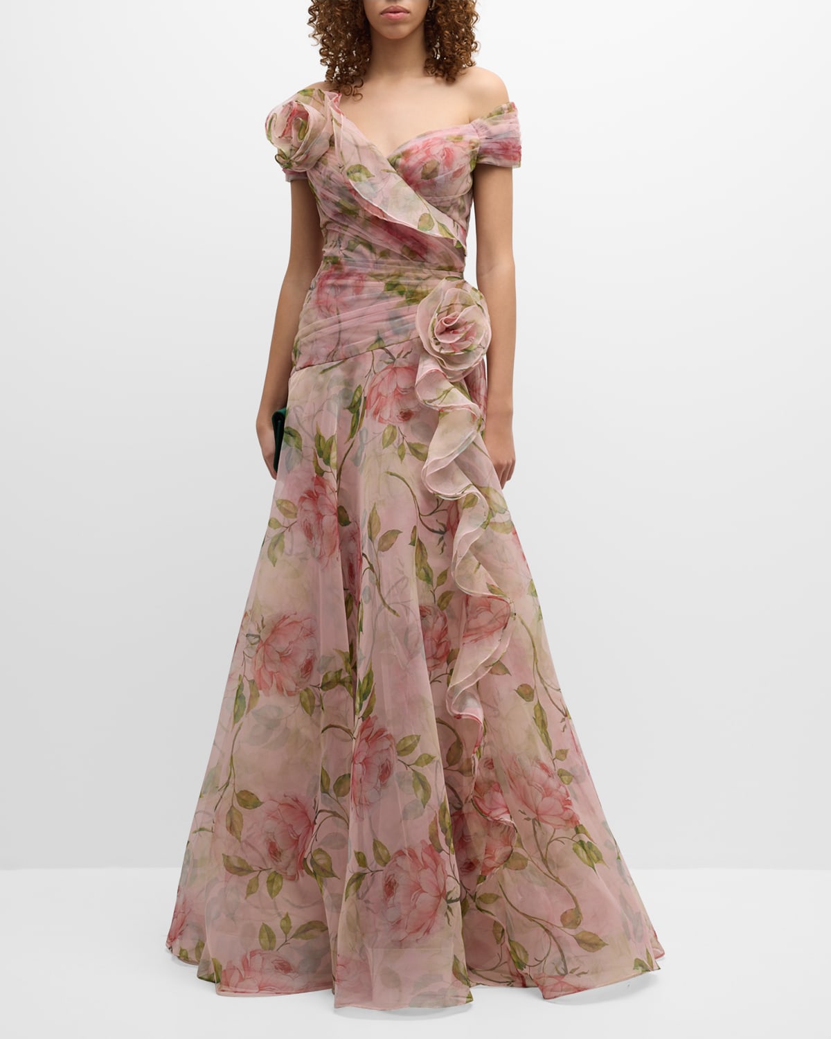 Shop Rickie Freeman For Teri Jon Pleated Off-shoulder Floral-print Organza Gown In Bls Multi
