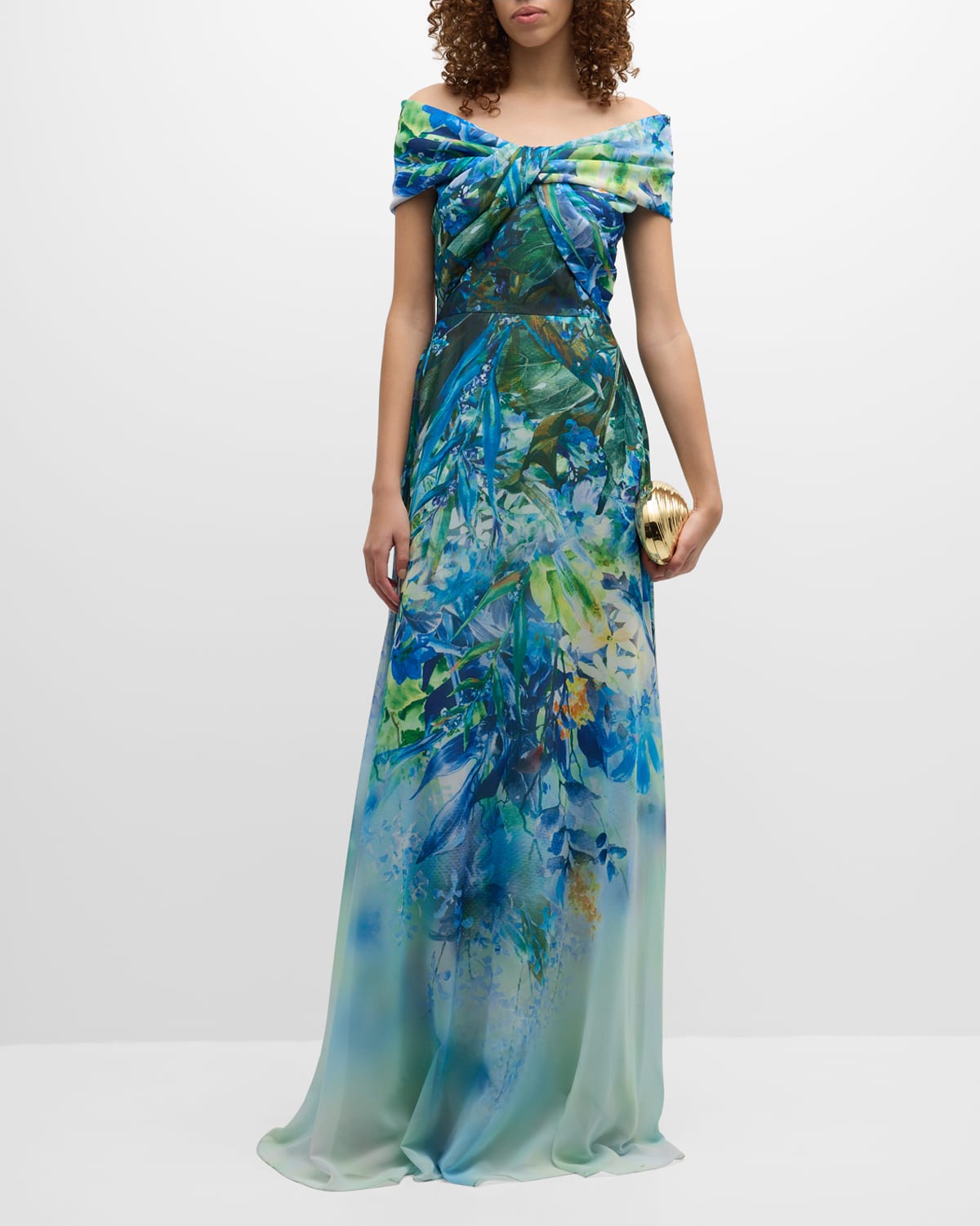 Rickie Freeman For Teri Jon Off-shoulder Floral-print Chiffon Gown In Blue Multi