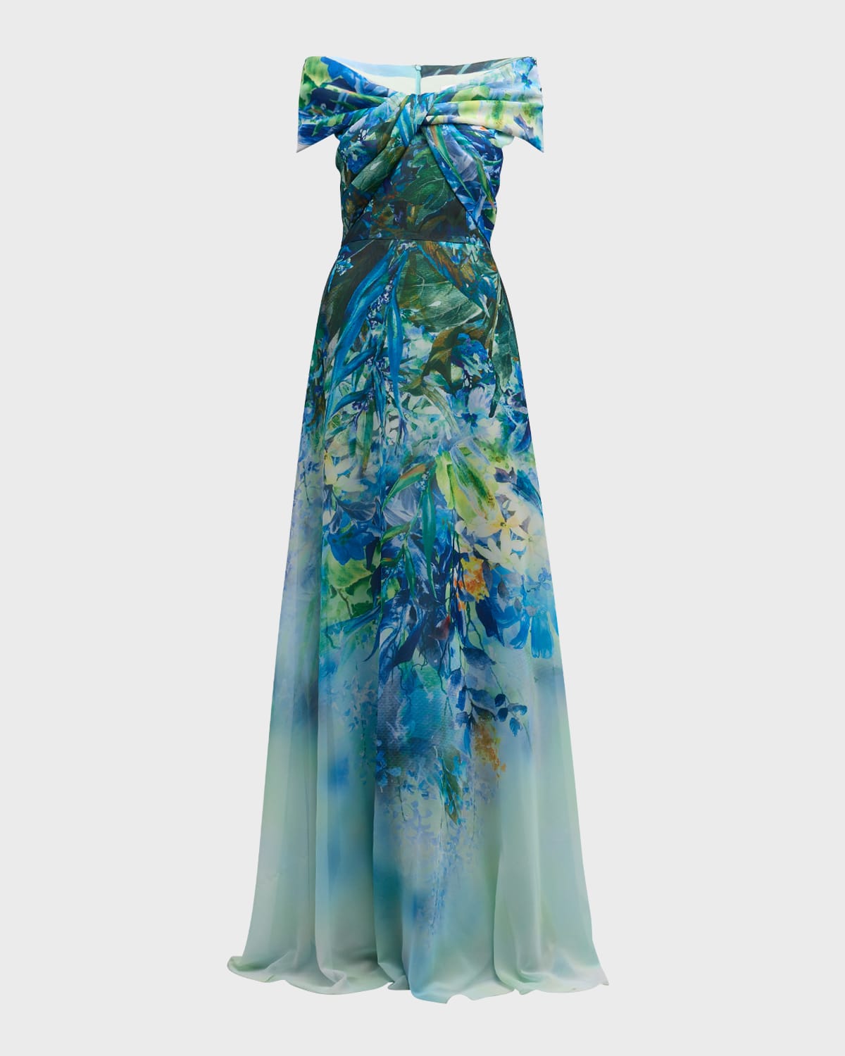 Rickie Freeman For Teri Jon Off-shoulder Floral-print Chiffon Gown In Blue Multi