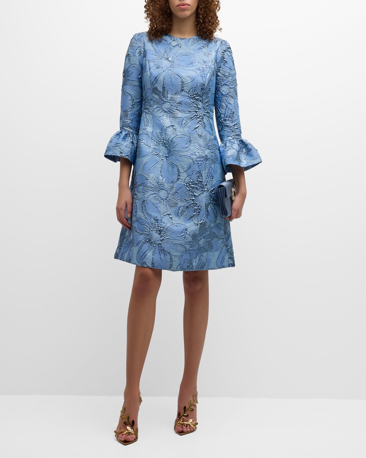 Rickie Freeman For Teri Jon Bell-sleeve Metallic Floral Jacquard Midi Dress In Sky Blue