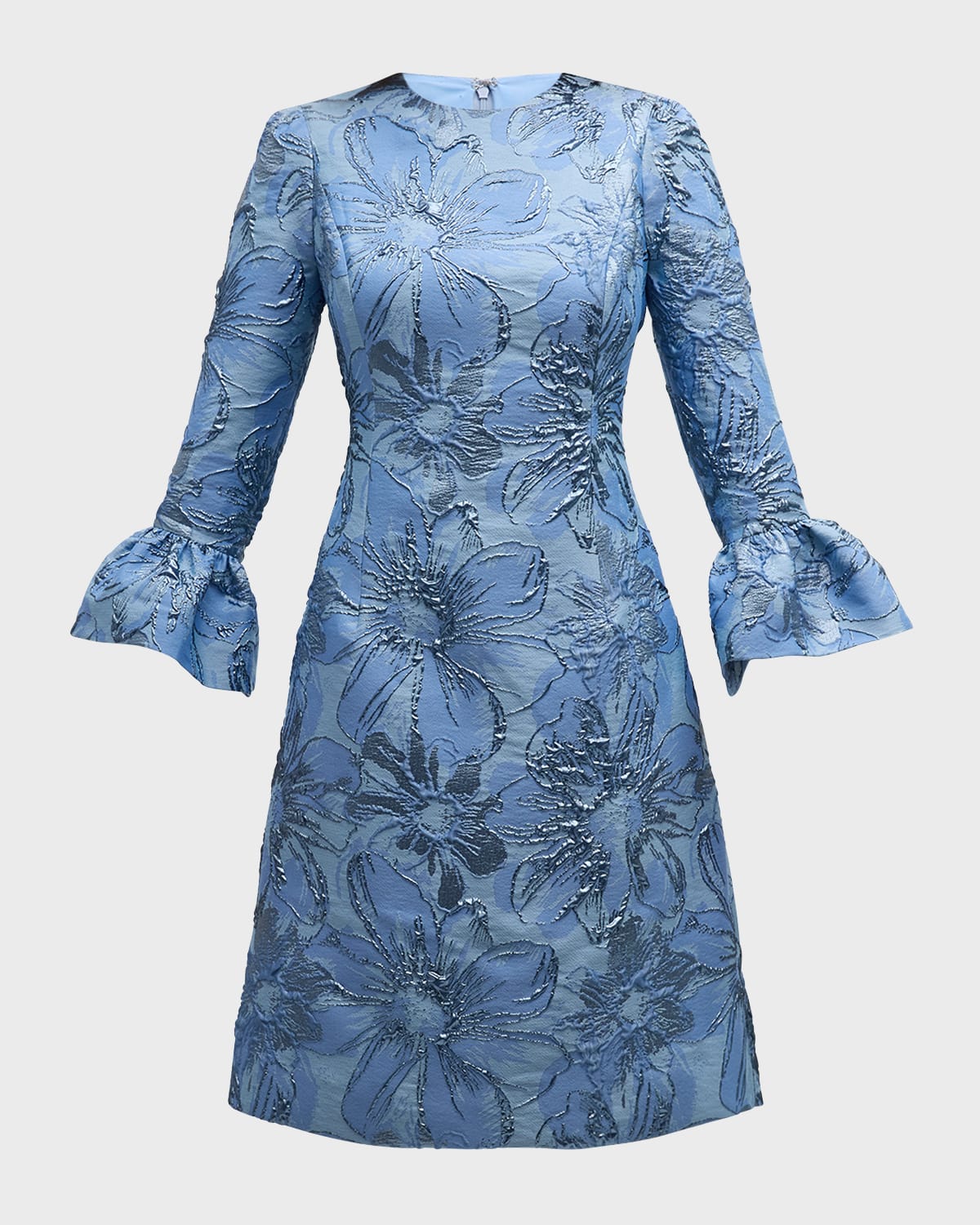 Rickie Freeman For Teri Jon Bell-sleeve Metallic Floral Jacquard Midi Dress In Sky Blue