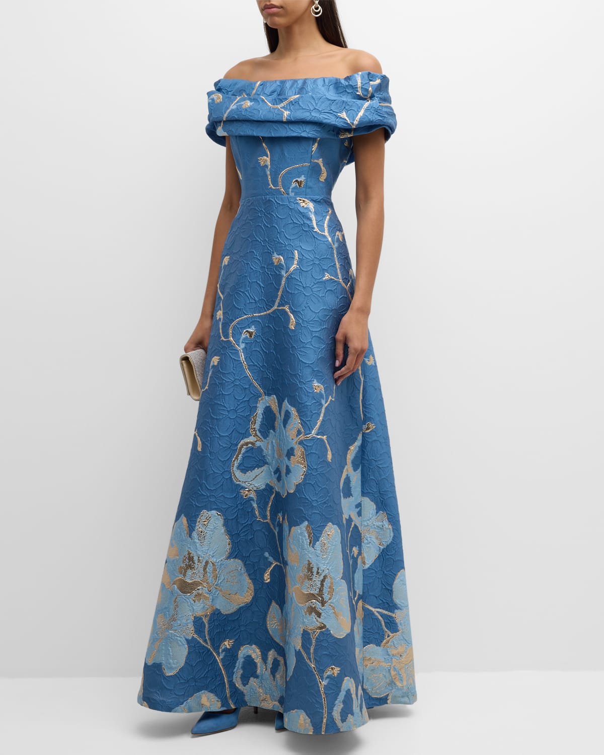 Shop Rickie Freeman For Teri Jon Off-shoulder Ruffle Floral Jacquard Gown In Slate Mult