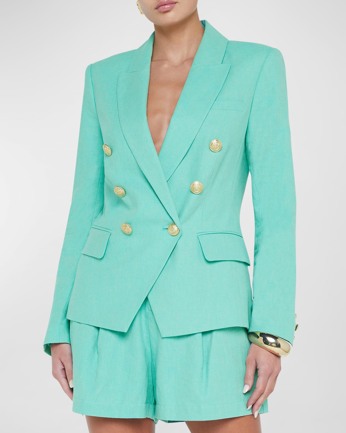 L Agence Kenzie Linen And Cotton Double-breasted Blazer In Seafoam