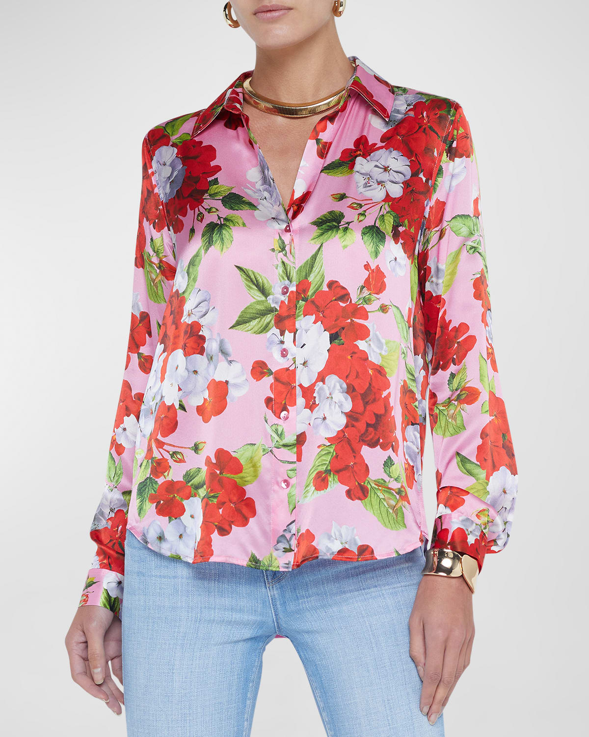 L Agence Tyler Floral-print Silk Blouse In Cotton Candy Multi Hydrangea
