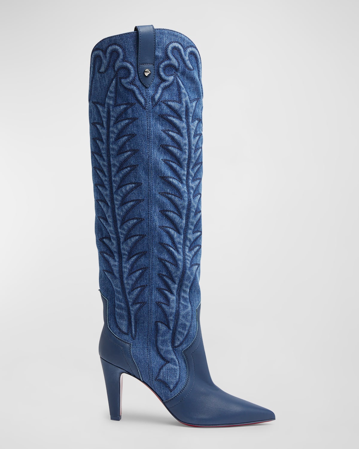 Christian Louboutin Santia 85mm Embroidered Denim Knee Boots In Denim