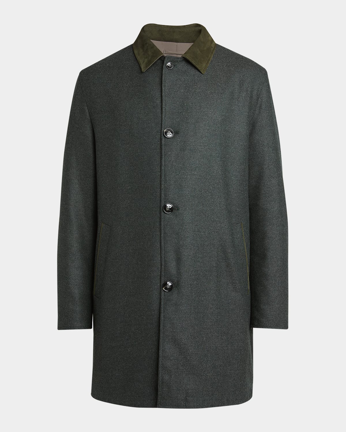 Suede-Collar Reversible Wool-Cashmere Raincoat