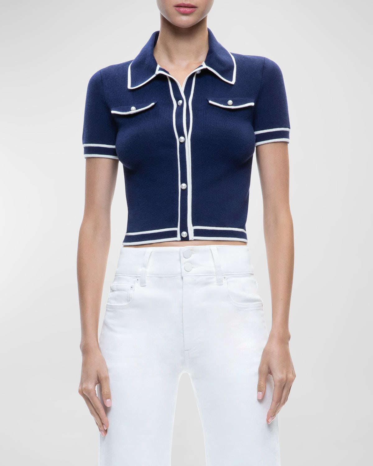 Shop Alice And Olivia Marlena Button-front Polo In Indigoecru
