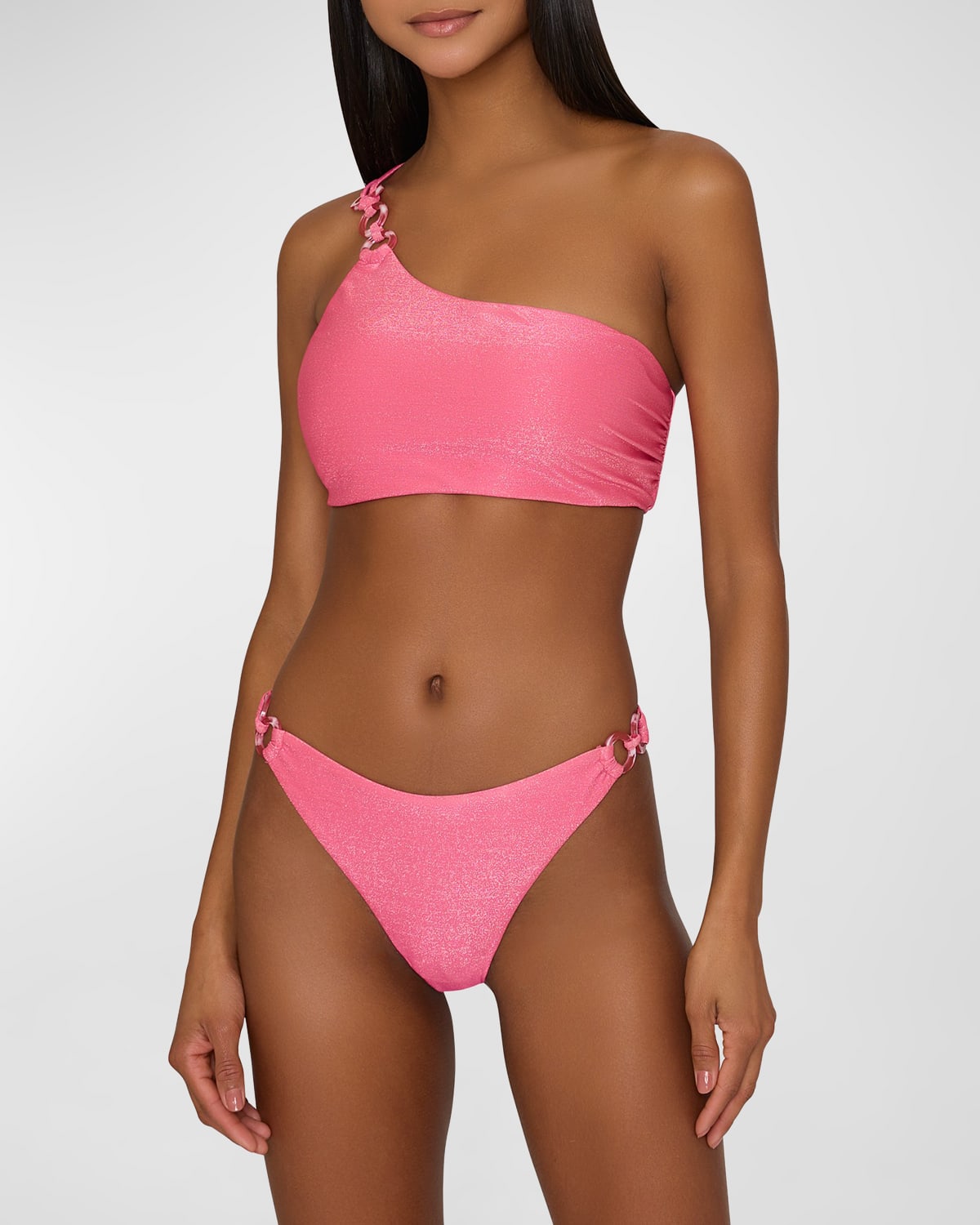 Milly Cabana Sparkle One-shoulder Ring Bikini Top In Shimmer Pink