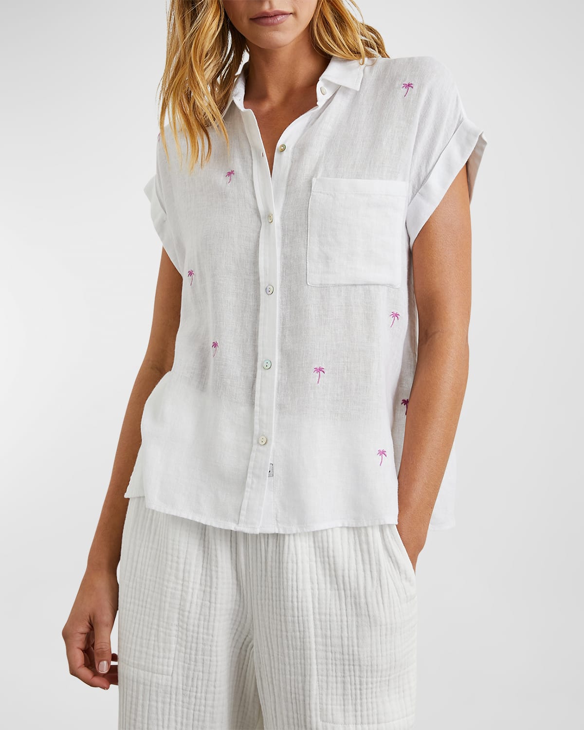 Whitney Palm Tree Embroidered Button-Front Shirt