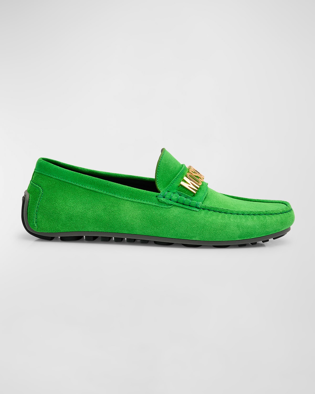 Shop Moschino Men's Leather Logo Driving Shoes In Green Grass