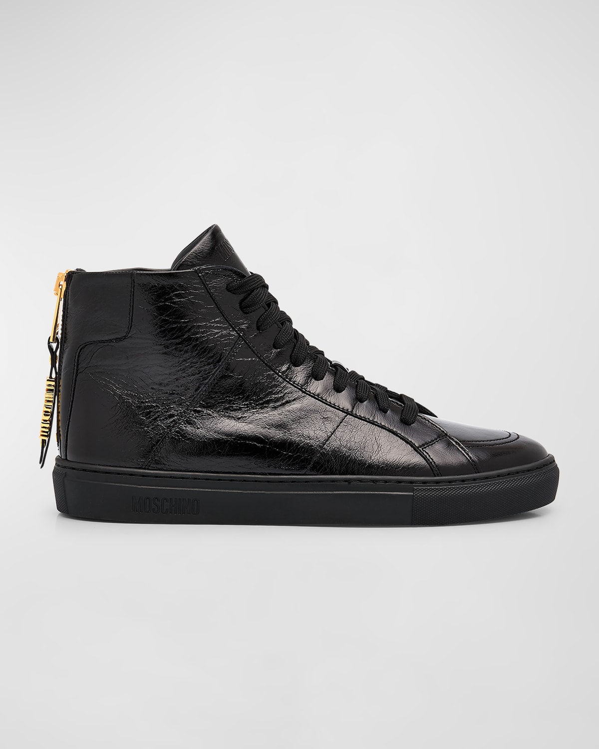Shop Moschino Men's Leather Zip High-top Sneakers In Black