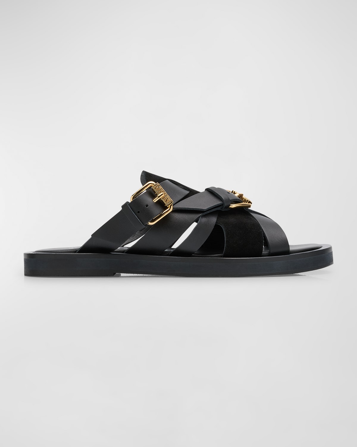 Shop Moschino Men's Strappy Leather Slide Sandals In Black