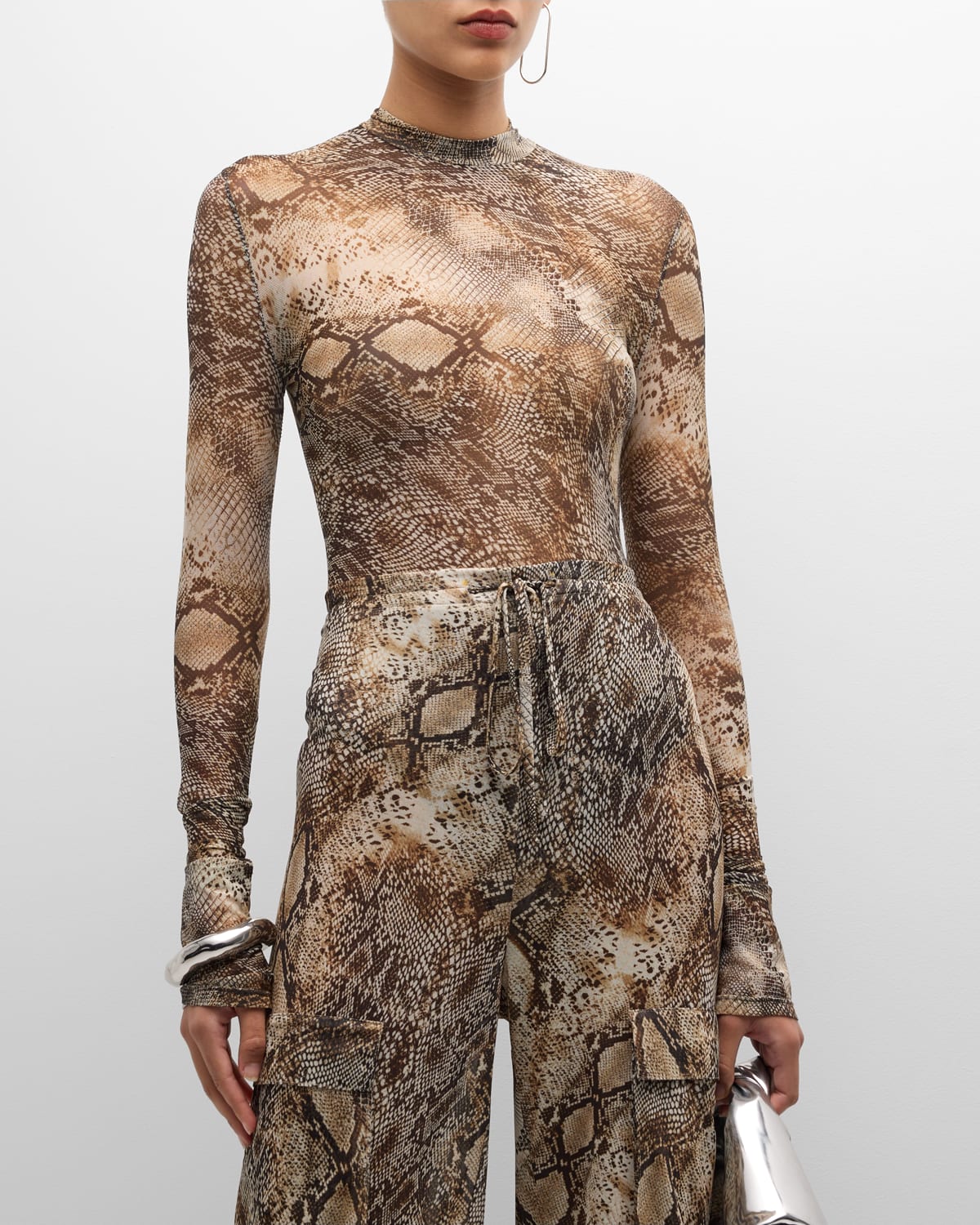 Snakeskin-Print Mesh Mock-Neck Long-Sleeve Bodysuit